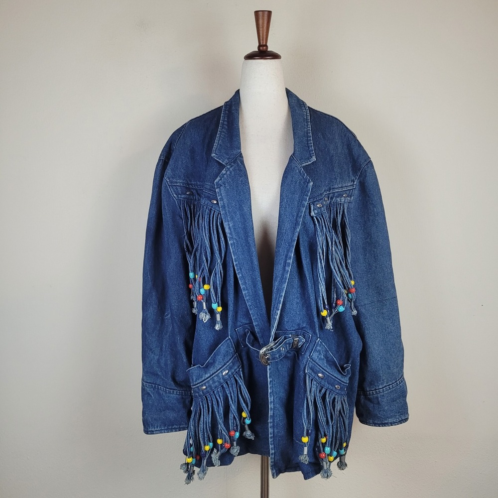 Vintage JeanJer Jacket Lg Blue Denim Beaded Fringe Western Belted Ranch Cowgirl